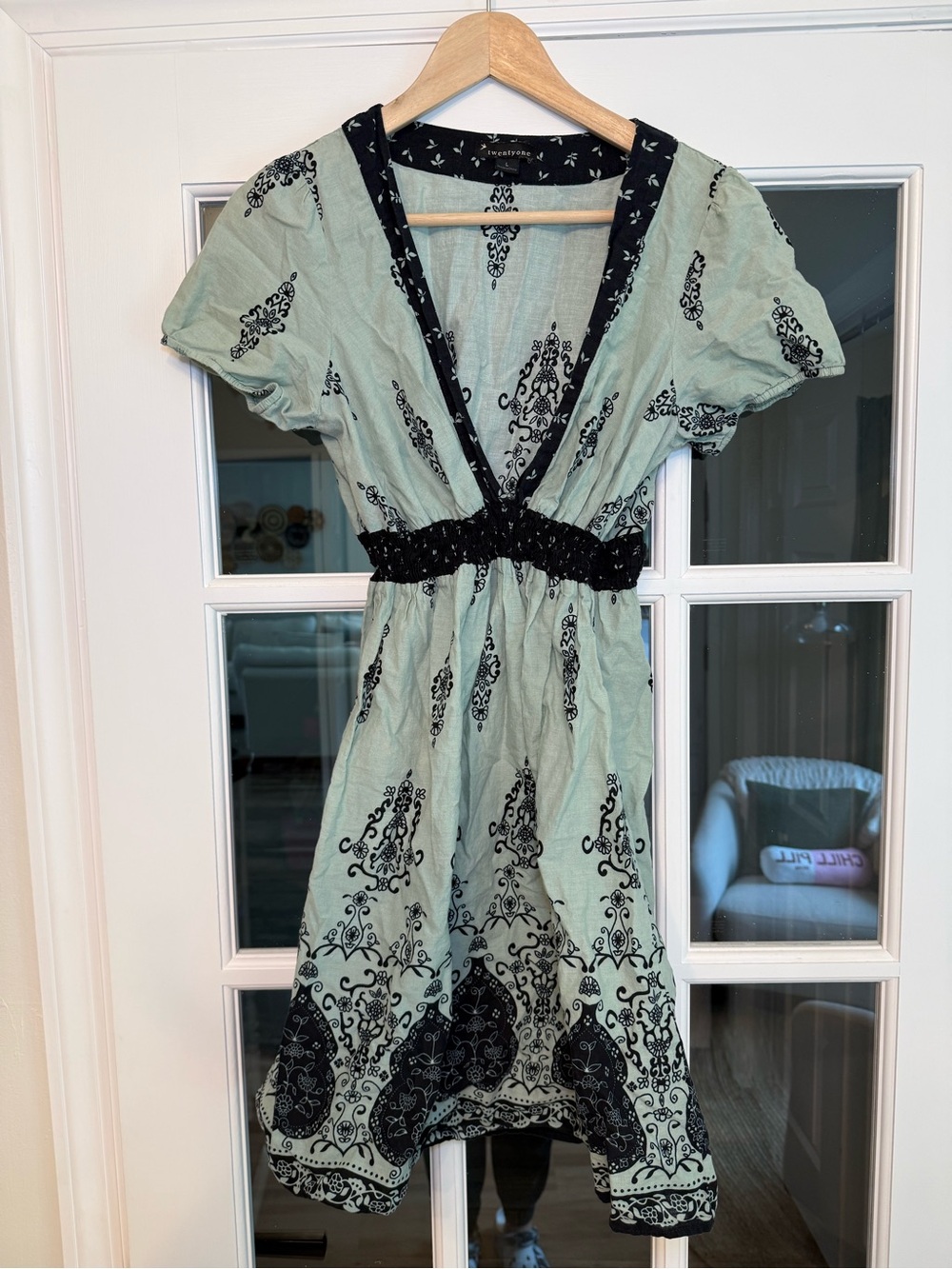 Forever 21 Sage Green & Black Printed V-Neck Dress